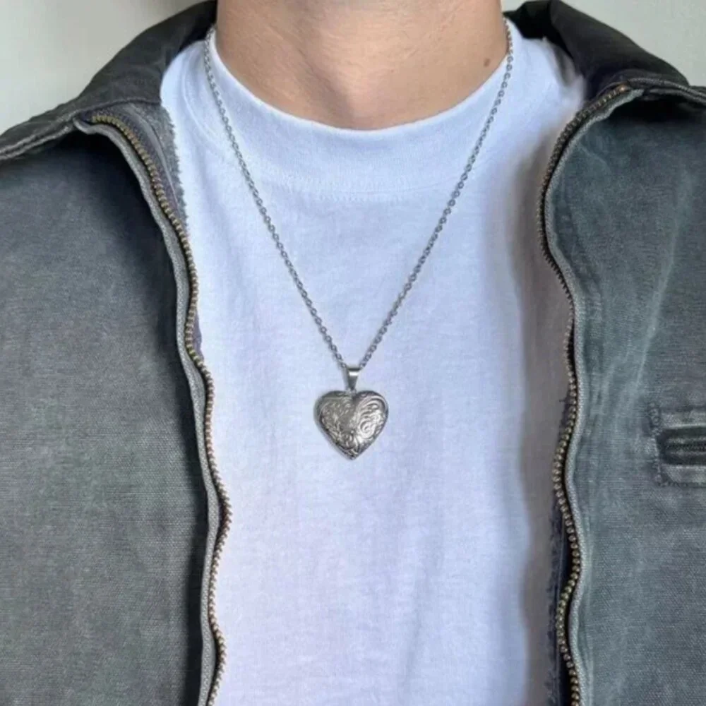 y2k 2000s vintage silver cute heart pendant locket chain necklace